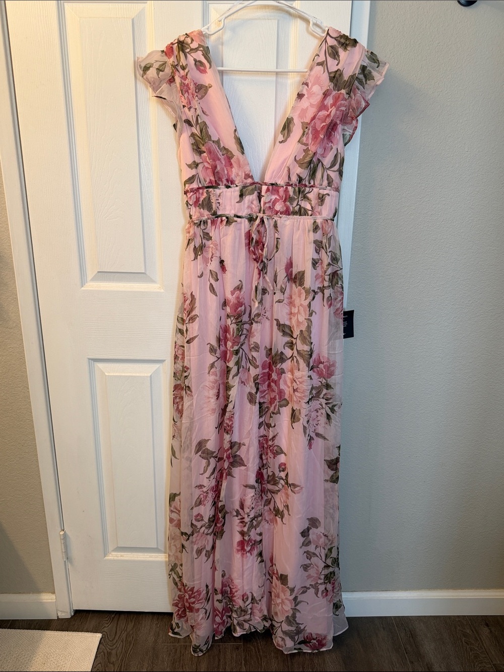 Lulu's Pink Floral Deep V Maxi Dress